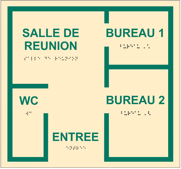 tableau représentant un plan de salle avec bille en relief et inscription en braille