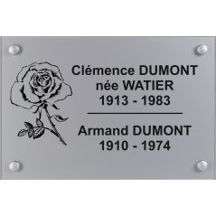 Plaque funéraire plexi gravée  fond argent gravé noire avec logo