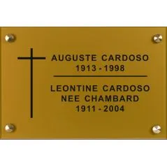 Plaque funéraire plexi gravée fond or gravure noire avec logo