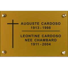 Plaque funéraire plexi gravée fond or gravure noire avec logo