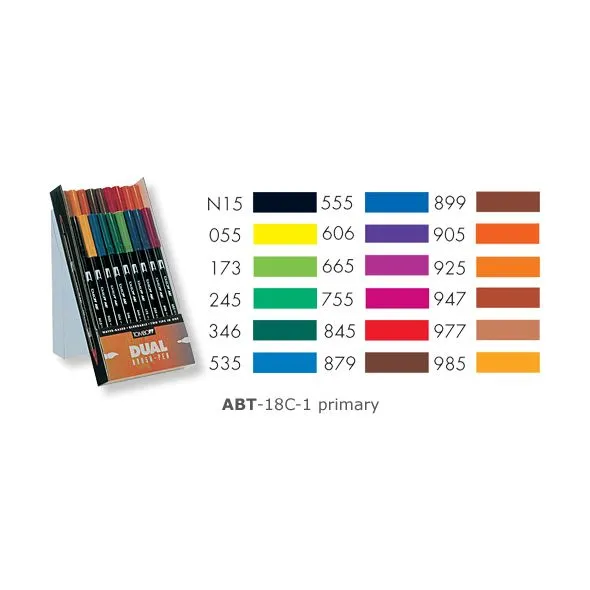 Tombow ABT-18P-1 Dual Brush Pen Lot de 18 Feutres pinceau à deux pointes Couleurs Primaires