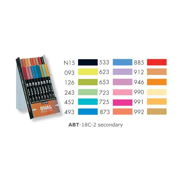 Tombow ABT-18P-2 Dual Brush Pen Lot de 18 Feutres pinceau à deux pointes Couleurs Secondaires