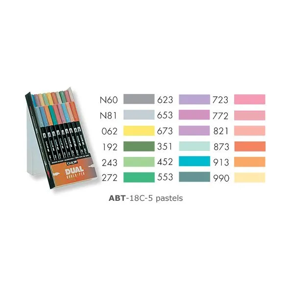 Tombow ABT-18P-5 Dual Brush Pen Lot de 18 Feutres pinceau à deux pointes Couleurs Pastels