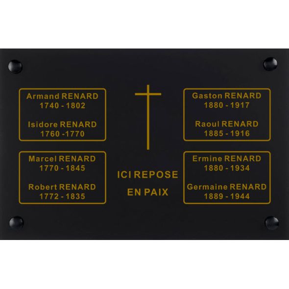 Plaque funéraire plexi gravée 600 mm x 400 mm fond noir gravure or