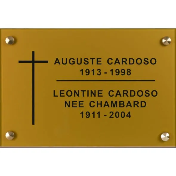 Plaque funéraire plexi gravée fond or gravure noire avec logo