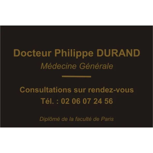 plaque professionnelle en plexiglas noire, lettres Or, cabinet medical